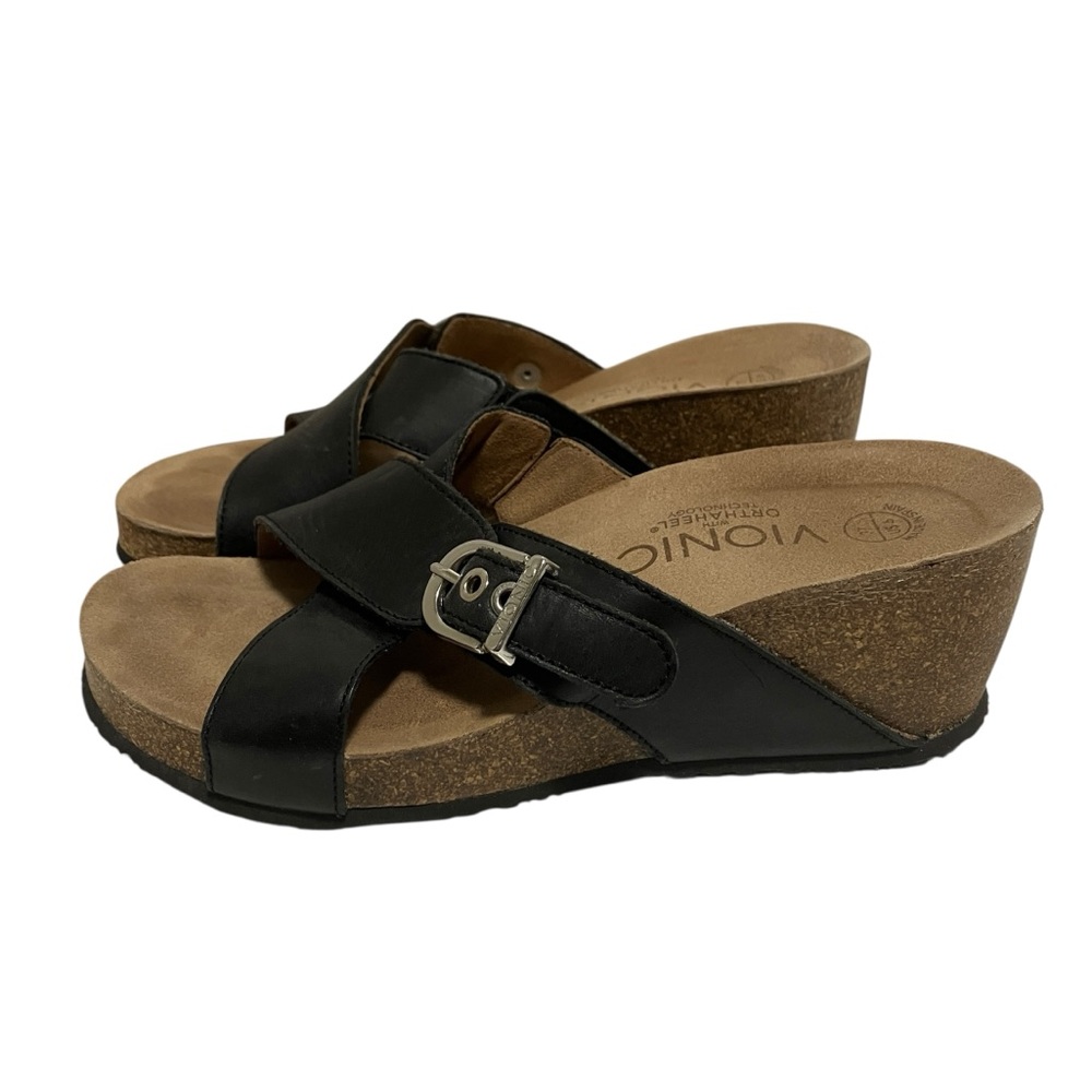 Vionic Black Leather Mallorca Slide Wedge Sandals